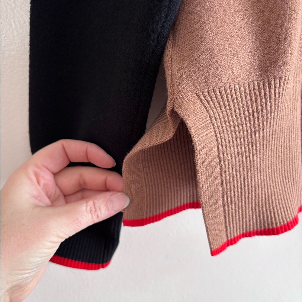 Tahari Colorblock Cowlneck Sweater in Camel, Black and Red Trim size M - Picture 5 of 6